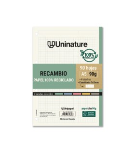 RECAMBIO RECICLADO A5 90 HOJAS 90GR CUADRICULA 5X5 MM CON TALADROS 5 BANDAS COLOR UNINATURE 53393500