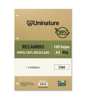 RECAMBIO RECICLADO A4 100 HOJAS 90GR LISO CON TALADROS UNINATURE 53392800