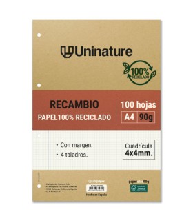 RECAMBIO RECICLADO A4 100 HOJAS 90GR CUADRICULA 4X4 MM CON TALADROS UNINATURE 53392700