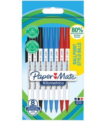 BLSTER 8 BOLGRAFOS PAPER MATE KILOMTRICO PUNTA MEDIANA (1,0MM) TINTA NEGRA, AZUL Y ROJA 80% RECICLADO PAPER MATE 2187680