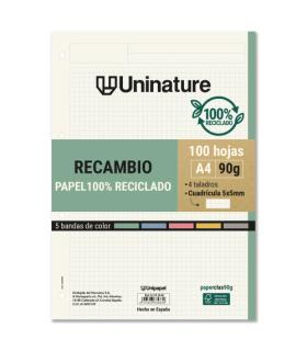 RECAMBIO RECICLADO A4 100 HOJAS 90GR CUADRICULA 5X5 MM CON TALADROS 5 BANDAS COLOR UNINATURE 53392900