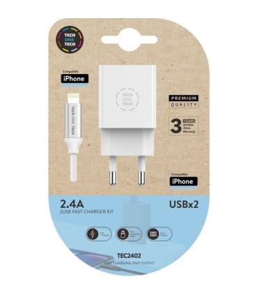 Cargador de Pared Tech One Tech TEC2402/ 2xUSB + Cable Lightning/ 2.4A/ Blanco