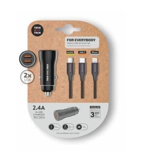 Cargador de Coche Tech One Tech TEC2810/ 2xUSB + Cable 3 en 1/ 2.4A