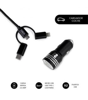 SUBBLIM Cargador Coche 2xUSB Dual Car Charger Alum 2.4A + Cable 3 in 1 Black