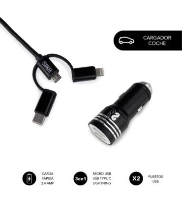 SUBBLIM Cargador Coche 2xUSB Dual Car Charger Alum 2.4A + Cable 3 in 1 Black