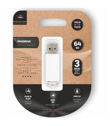 Pendrive 64GB Tech One Tech Basic USB 2.0/ Blanco