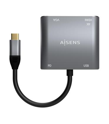 AISENS Conversor USB-C a VGA HDMI 4K USB3.0 USB-C PD, USB-C M-VGA H-HDMI H-USB-A H-USB-C H, Gris, 15CM