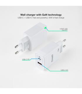 TooQ Cargador de Pared GaN USB-C PD + USB-A QC 45W, Blanco