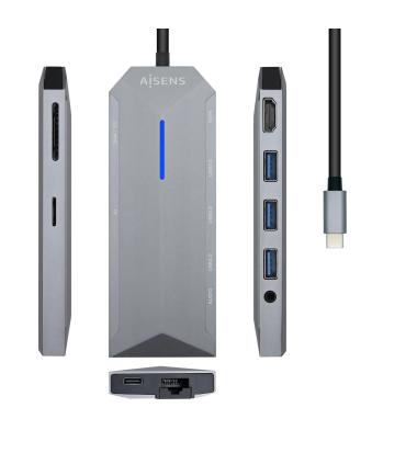 AISENS USB-C Dock 9 en 1, USB-C a 1x HDMI, 1xRJ45, 3x USB, 1x PD, 1x Audio, 1x SD, 1x Micro SD, Gris, 15 cm