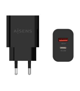 AISENS Cargador 20W, 1xUSB-C PD3.0, 1xUSB-A QC3.0, Negro