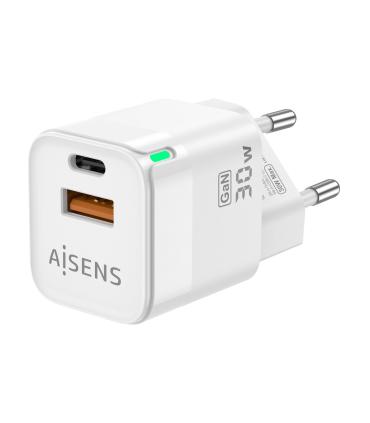 AISENS Cargador Gan 30W, 1xUSB-C PD3.0 QC4.0, 1xUSB-A QC3.0, Blanco