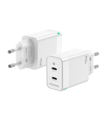 AISENS Cargador Gan 45W, 2xUSB-C PD3.0 QC4.0, Blanco