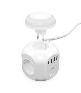 AISENS Regleta de Enchufes Sobremesa Multifuncion con 4 Tomas + 1XUSB-C, 3XUSB-A, Luz Nocturna, 1.8M, Blanco