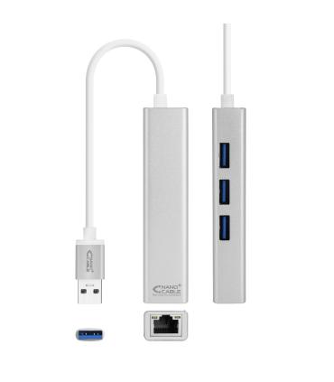 Nanocable Conversor USB 3.0 a Ethernet Gigabit + 3xUSB 3.0, Plata, 15 cm