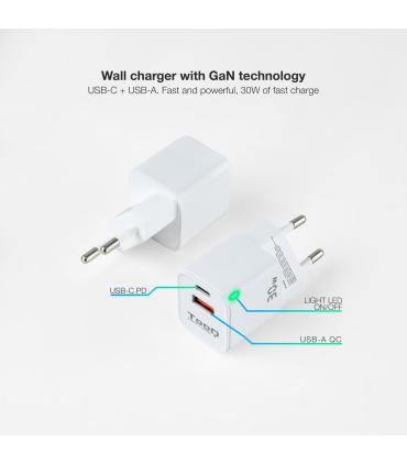 TooQ Cargador de Pared GaN USB-C PD + USB-A QC 30W, Blanco