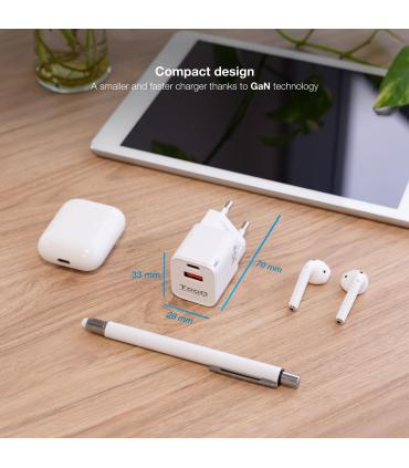 TooQ Cargador de Pared GaN USB-C PD + USB-A QC 30W, Blanco