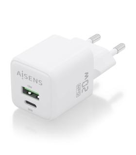 AISENS Cargador GaN 20W, 1xUSB-C PD3.0 QC4.0, 1xUSB-A QC3.0, Blanco