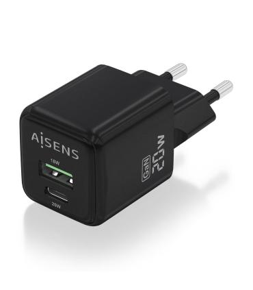 AISENS Cargador GaN 20W, 1xUSB-C PD3.0 QC4.0, 1xUSB-A QC3.0, Negro