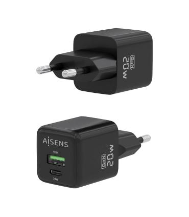 AISENS Cargador GaN 20W, 1xUSB-C PD3.0 QC4.0, 1xUSB-A QC3.0, Negro