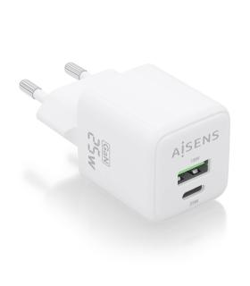 AISENS Cargador GaN 25W, 1xUSB-C PD3.0 QC4.0, 1xUSB-A QC3.0, Blanco