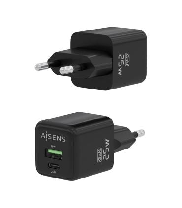 AISENS Cargador GaN 25W, 1xUSB-C PD3.0 QC4.0, 1xUSB-A QC3.0, Negro