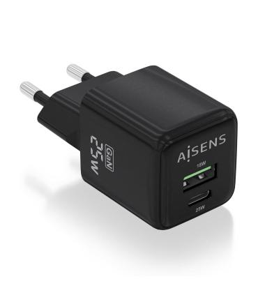 AISENS Cargador GaN 25W, 1xUSB-C PD3.0 QC4.0, 1xUSB-A QC3.0, Negro