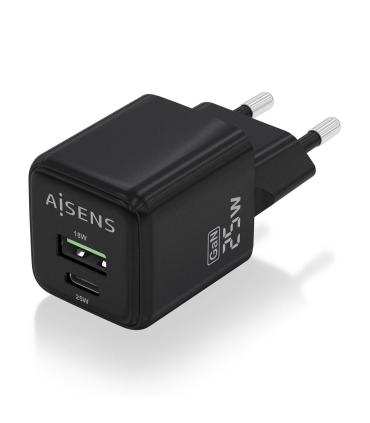 AISENS Cargador GaN 25W, 1xUSB-C PD3.0 QC4.0, 1xUSB-A QC3.0, Negro