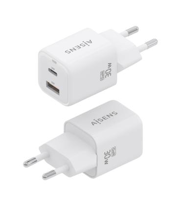 AISENS Cargador Gan 30W, 1xUSB-C PD3.0 QC4.0, 1xUSB-A QC3.0, Blanco