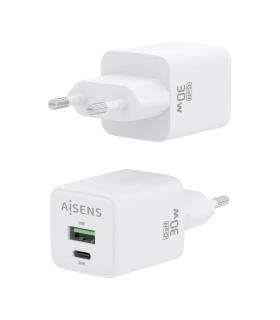 AISENS Cargador Gan 30W, 1xUSB-C PD3.0 QC4.0, 1xUSB-A QC3.0, Blanco