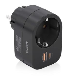 AISENS Regleta De Pared Multifuncion Con 1 Toma + 1xUSB-C 20W PD3.0, 1xUSB-A 20W QC3.0, Negro