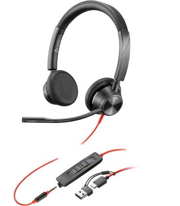 POLY Auriculares estéreo Blackwire 3325 con certificación Microsoft Teams USB-C + Conector de 3,5 mm + Adaptador USB-C A