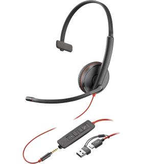 POLY Auriculares monoaurales Blackwire 3215 USB-C + Conector de 3,5 mm + Adaptador USB-C A