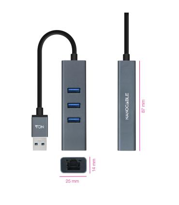 Nanocable Conversor USB 3.0 a Ethernet Gigabit + 3XUSB 3.0, Aluminio, Gris, 15 cm