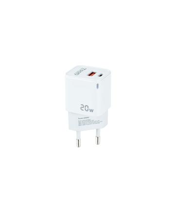 TooQ Cargador de Pared USB-C PD + USB-A QC 20W, Blanco