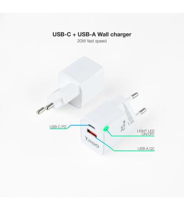 TooQ Cargador de Pared USB-C PD + USB-A QC 20W, Blanco