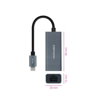 Nanocable Conversor USB-C a Ethernet Gigabit 10 100 1000 Mbps, Aluminio, Gris, 15 cm