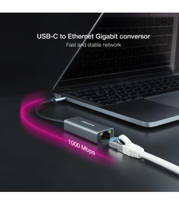 Nanocable Conversor USB-C a Ethernet Gigabit 10 100 1000 Mbps, Aluminio, Gris, 15 cm