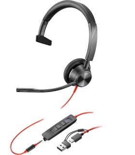 POLY Auriculares monoaurales Blackwire 3315 con certificación Microsoft Teams USB-C + Conector de 3,5 mm + Adaptador USB-C A