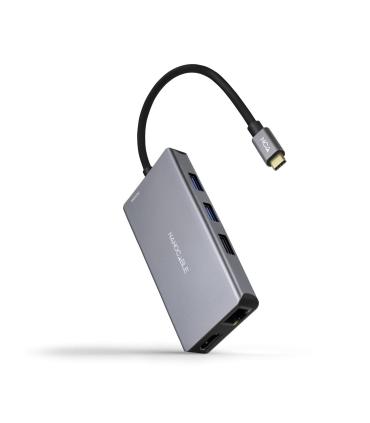 Nanocable HUB USB-C 9 en 1, Conversor USB-C a 3 x USB-A + 2 x HDMI + RJ45 + TF + SD + USB-C PD 100W, Aluminio, 15 cm, Gris