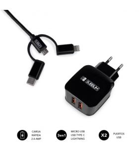 SUBBLIM CARGADOR USB DE VIAJE/PARED 2xUSB (2.4A) + CABLE 3EN1 BLACK Negro Interior