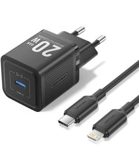 Cargador Gan de Pared Vention TZ-FEPB0-EU-02/ 1xUSB Tipo-C + Cable Lightning/ 20W