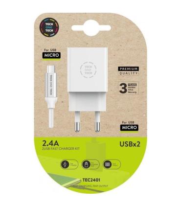 Cargador de Pared Tech One Tech TEC2401/ 2xUSB + Cable Micro USB/ 2.4A/ Blanco