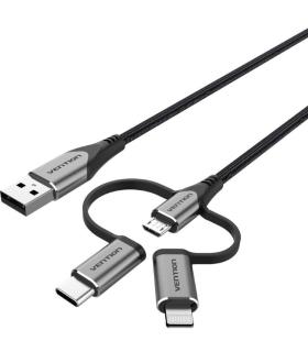 Cable USB 2.0 Tipo-C Vention CQJHG/ USB Macho/ USB Tipo-C Macho - MicroUSB Macho - Lightning Macho/ 480Mbps/ 1.5m/ Gris