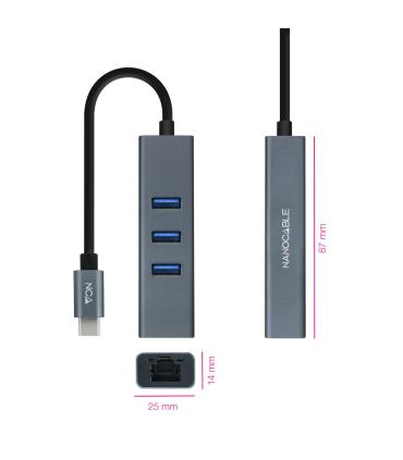 Nanocable Conversor USB-C a Ethernet Gigabit + 3XUSB 3.0, Aluminio, Gris, 15 cm