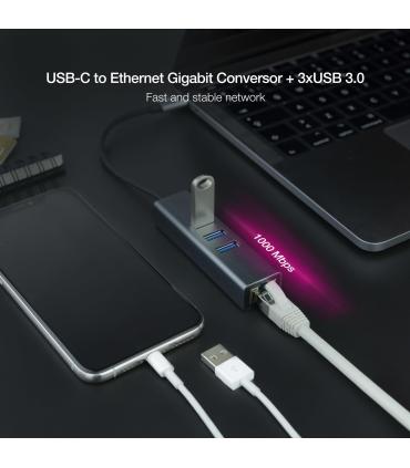 Nanocable Conversor USB-C a Ethernet Gigabit + 3XUSB 3.0, Aluminio, Gris, 15 cm