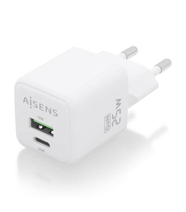 AISENS Cargador GaN 25W, 1xUSB-C PD3.0 QC4.0, 1xUSB-A QC3.0, Blanco