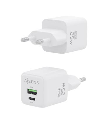 AISENS Cargador GaN 25W, 1xUSB-C PD3.0 QC4.0, 1xUSB-A QC3.0, Blanco