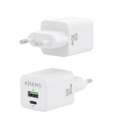 AISENS Cargador Gan 30W, 1xUSB-C PD3.0 QC4.0, 1xUSB-A QC3.0, Blanco