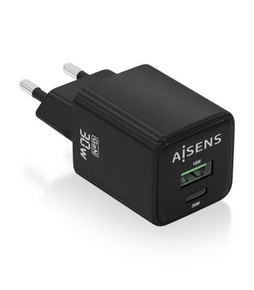 AISENS Cargador Gan 30W, 1xUSB-C PD3.0 QC4.0, 1xUSB-A QC3.0, Negro