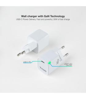 TooQ Cargador de Pared GAN USB-C PD 30W, Blanco